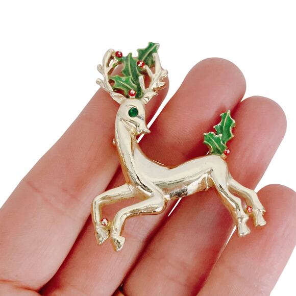 VTG Signed Gerry’s 1970s Christmas Reindeer Brooch Gold Tone Enamel Nostalgic - Picture 3 of 8
